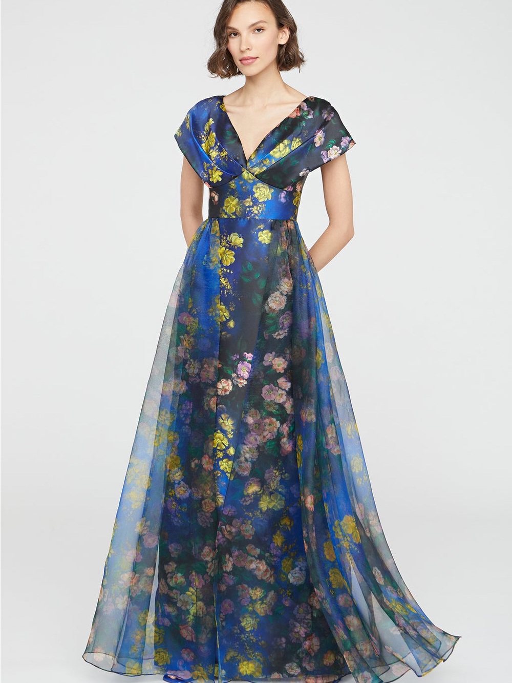 Theia Nadia Draped V Neck Gown Nightfall Garden Size 4 NWT